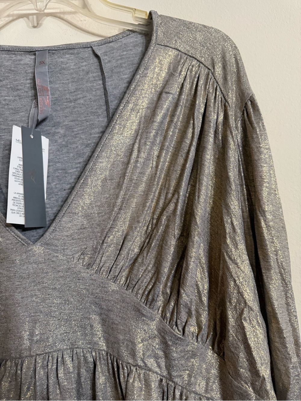 Melissa McCarthy Seven7 V Neck Dolman Sleeve Peplum Tunic Size 3X Gray Gold NWT - Picture 2 of 4